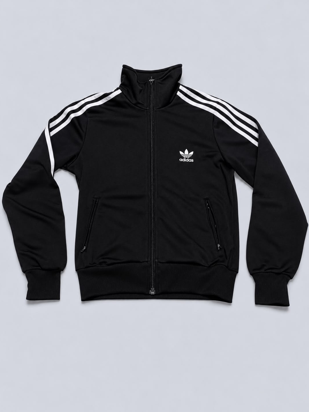 Adidas Black Mens Track Jacket with White Stripes and Trefoil